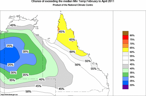 probability of exceeding median minimum temperature - click on the map for a larger version of the map