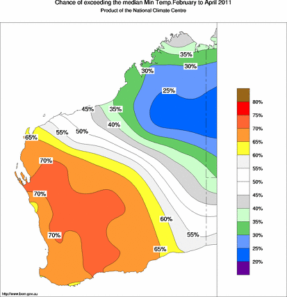 probability of exceeding median minimum temperature - click on the map for a larger version of the map