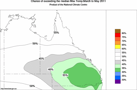 probability of exceeding median maximum temperature - click on the map for a larger version of the map