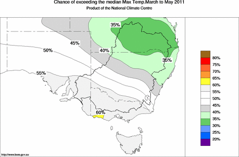 probability of exceeding median maximum temperature - click on the map for a larger version of the map