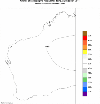 probability of exceeding median maximum temperature - click on the map for a larger version of the map