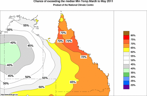 probability of exceeding median minimum temperature - click on the map for a larger version of the map