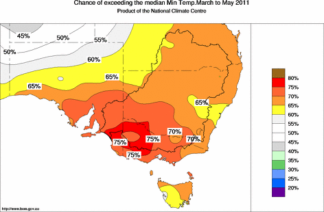 probability of exceeding median minimum temperature - click on the map for a larger version of the map
