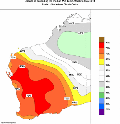 probability of exceeding median minimum temperature - click on the map for a larger version of the map