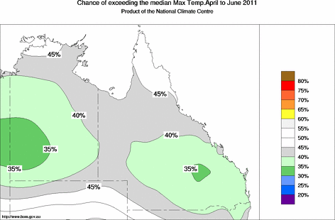 probability of exceeding median maximum temperature - click on the map for a larger version of the map