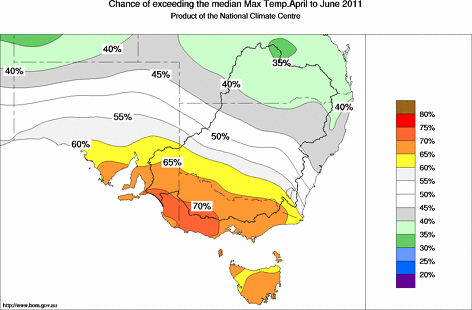 probability of exceeding median maximum temperature - click on the map for a larger version of the map