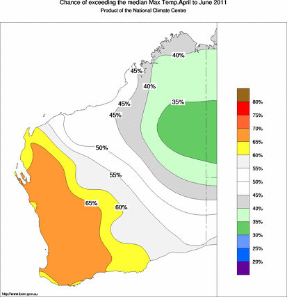 probability of exceeding median maximum temperature - click on the map for a larger version of the map