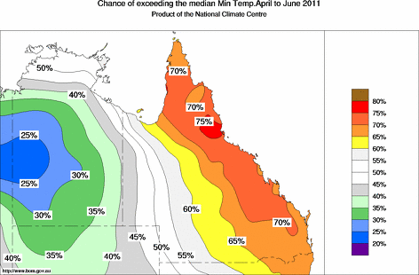 probability of exceeding median minimum temperature - click on the map for a larger version of the map