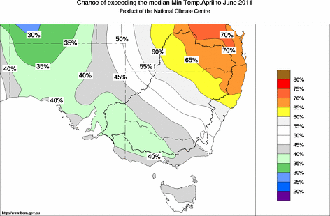 probability of exceeding median minimum temperature - click on the map for a larger version of the map
