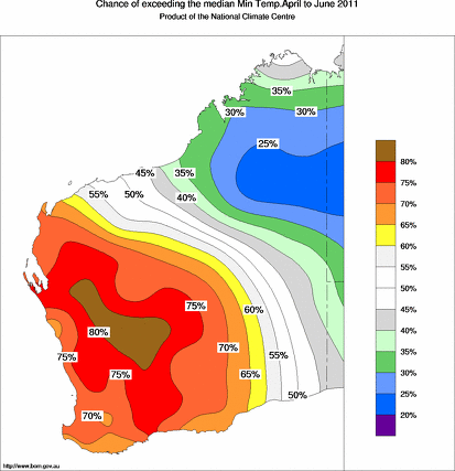 probability of exceeding median minimum temperature - click on the map for a larger version of the map