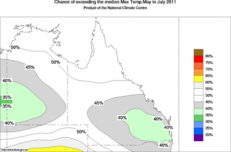 probability of exceeding median maximum temperature - click on the map for a larger version of the map