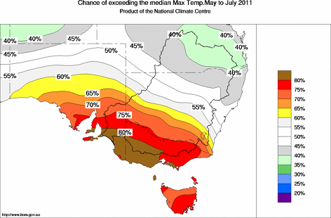 probability of exceeding median maximum temperature - click on the map for a larger version of the map