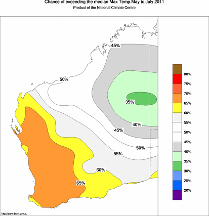 probability of exceeding median maximum temperature - click on the map for a larger version of the map