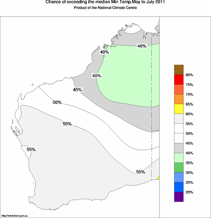 probability of exceeding median minimum temperature - click on the map for a larger version of the map