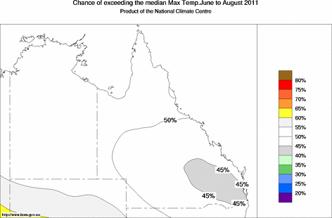 probability of exceeding median maximum temperature - click on the map for a larger version of the map