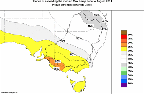 probability of exceeding median maximum temperature - click on the map for a larger version of the map