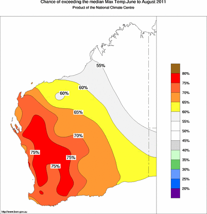 probability of exceeding median maximum temperature - click on the map for a larger version of the map