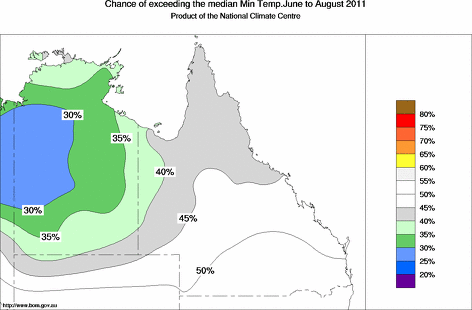 probability of exceeding median minimum temperature - click on the map for a larger version of the map