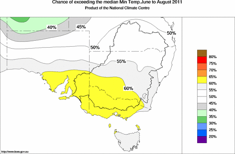 probability of exceeding median minimum temperature - click on the map for a larger version of the map