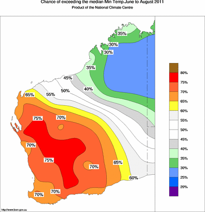 probability of exceeding median minimum temperature - click on the map for a larger version of the map