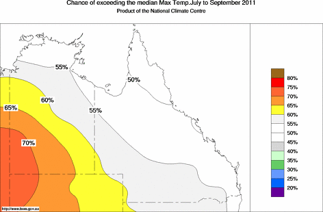 probability of exceeding median maximum temperature - click on the map for a larger version of the map