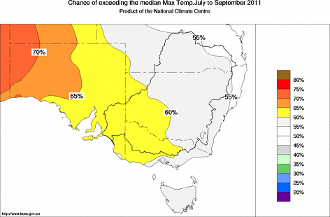 probability of exceeding median maximum temperature - click on the map for a larger version of the map