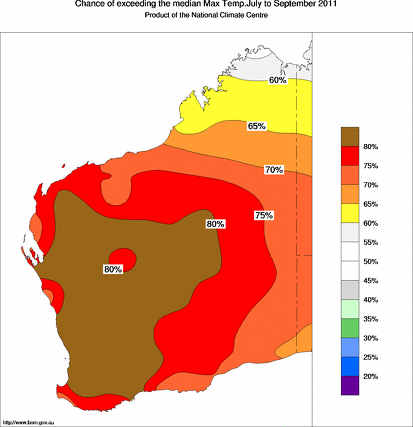 probability of exceeding median maximum temperature - click on the map for a larger version of the map