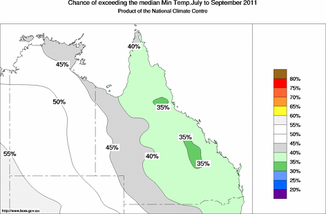 probability of exceeding median minimum temperature - click on the map for a larger version of the map