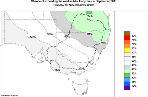 probability of exceeding median minimum temperature - click on the map for a larger version of the map