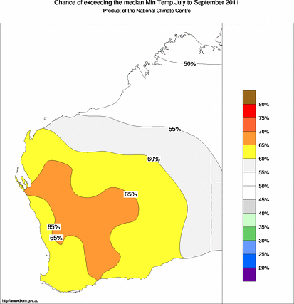 probability of exceeding median minimum temperature - click on the map for a larger version of the map