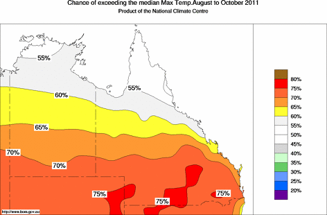 probability of exceeding median maximum temperature - click on the map for a larger version of the map