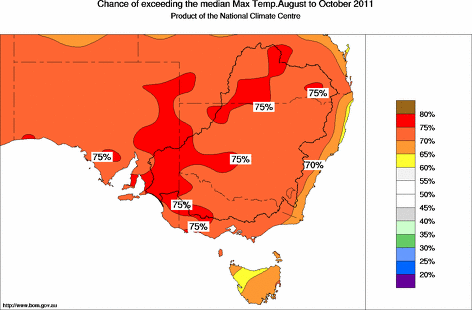 probability of exceeding median maximum temperature - click on the map for a larger version of the map