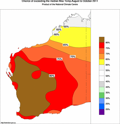 probability of exceeding median maximum temperature - click on the map for a larger version of the map