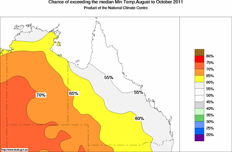 probability of exceeding median minimum temperature - click on the map for a larger version of the map