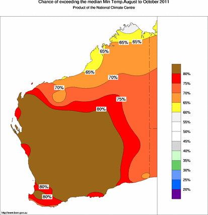 probability of exceeding median minimum temperature - click on the map for a larger version of the map