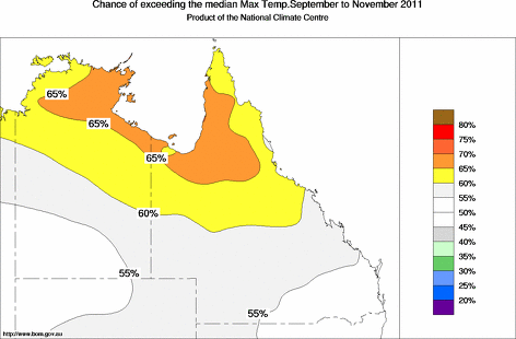 probability of exceeding median maximum temperature - click on the map for a larger version of the map