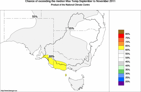 probability of exceeding median maximum temperature - click on the map for a larger version of the map