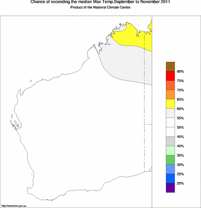 probability of exceeding median maximum temperature - click on the map for a larger version of the map