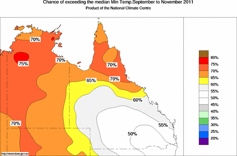probability of exceeding median minimum temperature - click on the map for a larger version of the map