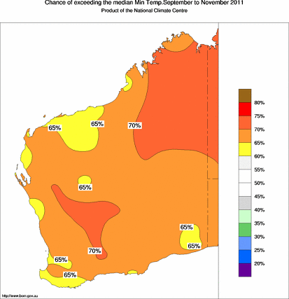 probability of exceeding median minimum temperature - click on the map for a larger version of the map
