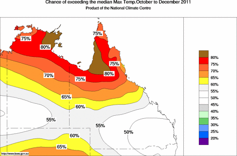 probability of exceeding median maximum temperature - click on the map for a larger version of the map