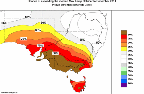 probability of exceeding median maximum temperature - click on the map for a larger version of the map