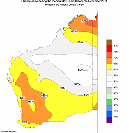 probability of exceeding median maximum temperature - click on the map for a larger version of the map