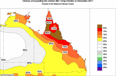 probability of exceeding median minimum temperature - click on the map for a larger version of the map