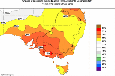 probability of exceeding median minimum temperature - click on the map for a larger version of the map