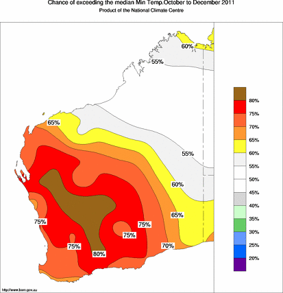 probability of exceeding median minimum temperature - click on the map for a larger version of the map