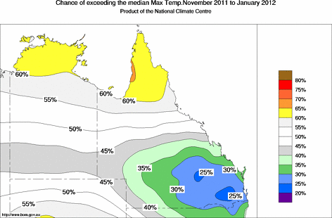 probability of exceeding median maximum temperature - click on the map for a larger version of the map