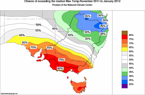 probability of exceeding median maximum temperature - click on the map for a larger version of the map