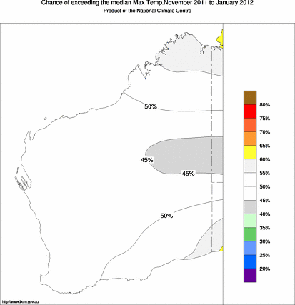 probability of exceeding median maximum temperature - click on the map for a larger version of the map
