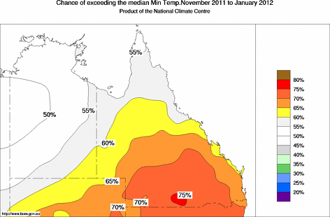 probability of exceeding median minimum temperature - click on the map for a larger version of the map